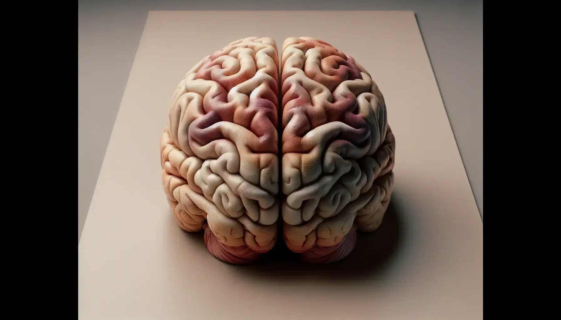 Modelo anatómico tridimensional del cerebro humano mostrando hemisferios, surcos y giros en tonos de rosa a marrón sobre superficie neutra.