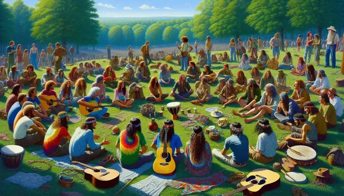 Group of people in colorful attire sitting in a circle on grass with acoustic guitars, tambourine, and drums, embodying a bohemian, musical gathering.