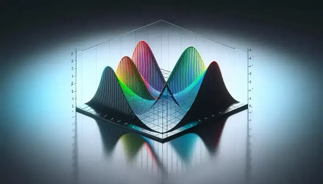 Three-dimensional graph of Hermite polynomials on black Cartesian axes with reflections on glossy surface and gray degraded background.