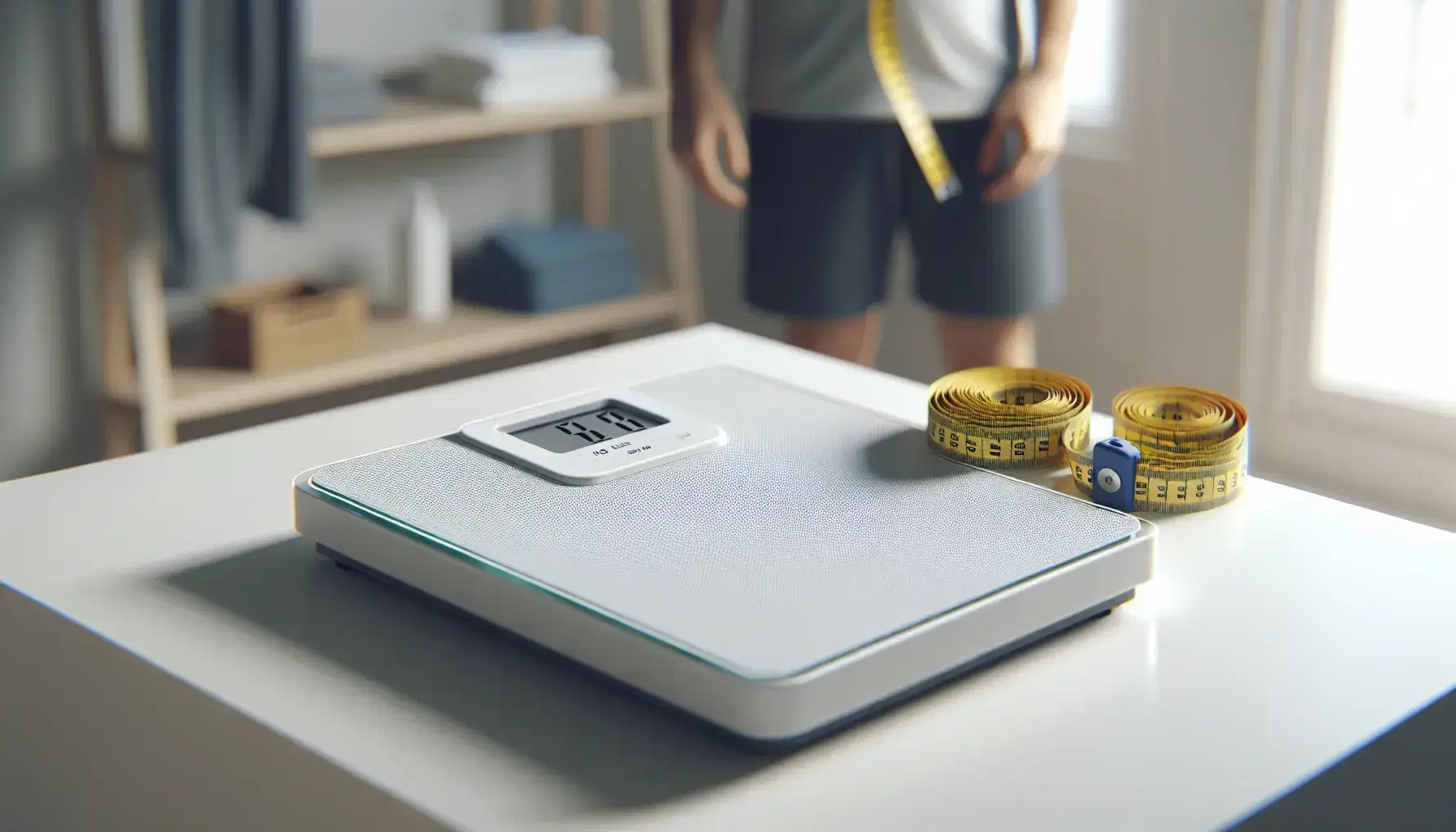 Bilancia medica elettronica con base bianca e display spento, nastro metrico blu e giallo su piano bianco, sfondo con persona sfocata.