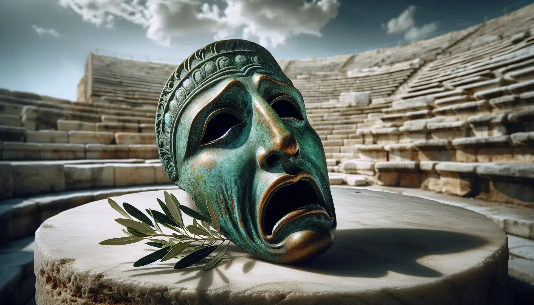 Maschera tragica greca in bronzo con patina verde-blu su blocco di pietra, foglie d'olivo a lato, teatro antico sfocato sullo sfondo.