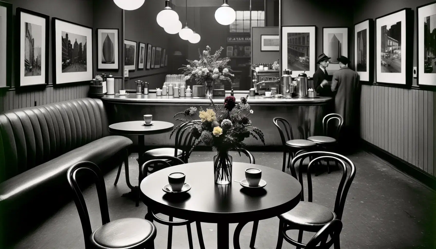 Vintage coffee shop interior with round table, four chairs, two coffee cups, and a vase of colorful flowers, reflecting a cozy mid-20th century ambiance.