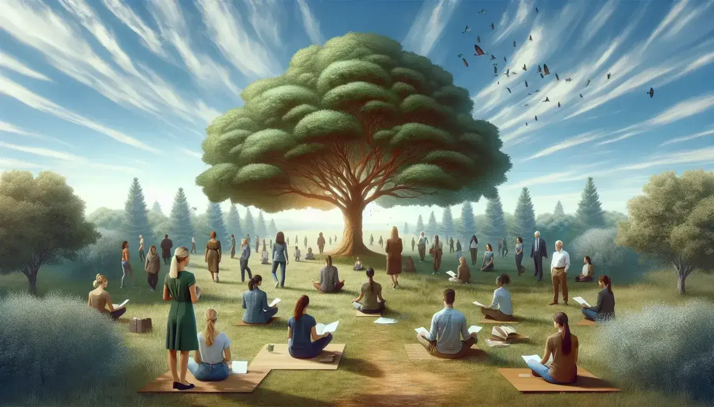 Group of people in a relaxing park with blue sky, practicing breathing, reading under a tree and meditating, overlooking a quiet lake.