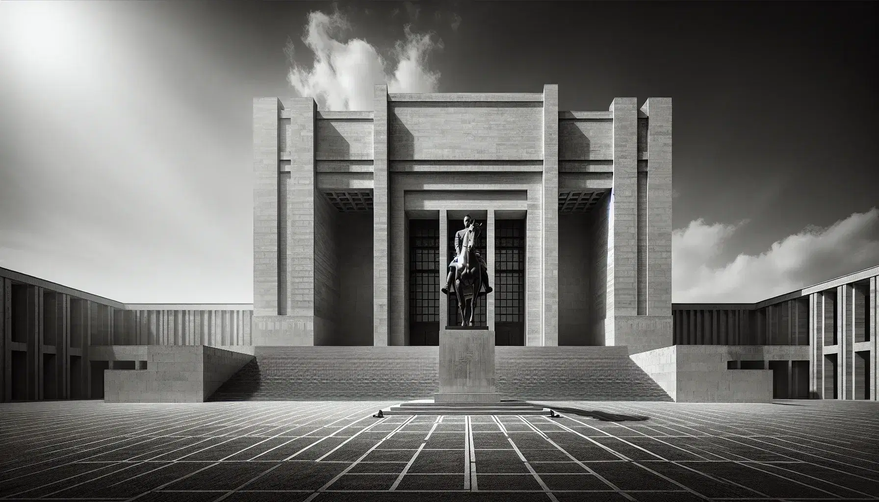 Architettura razionalista fascista con scalinata centrale e colonne quadrate, piazza con statua equestre bronzea e cielo sereno.