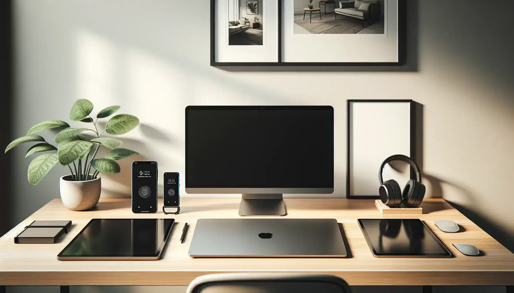 Escritorio moderno y limpio con laptop plateada, smartphone, tablet, monitor adicional, auriculares inalámbricos y planta en maceta blanca, en oficina con iluminación suave.