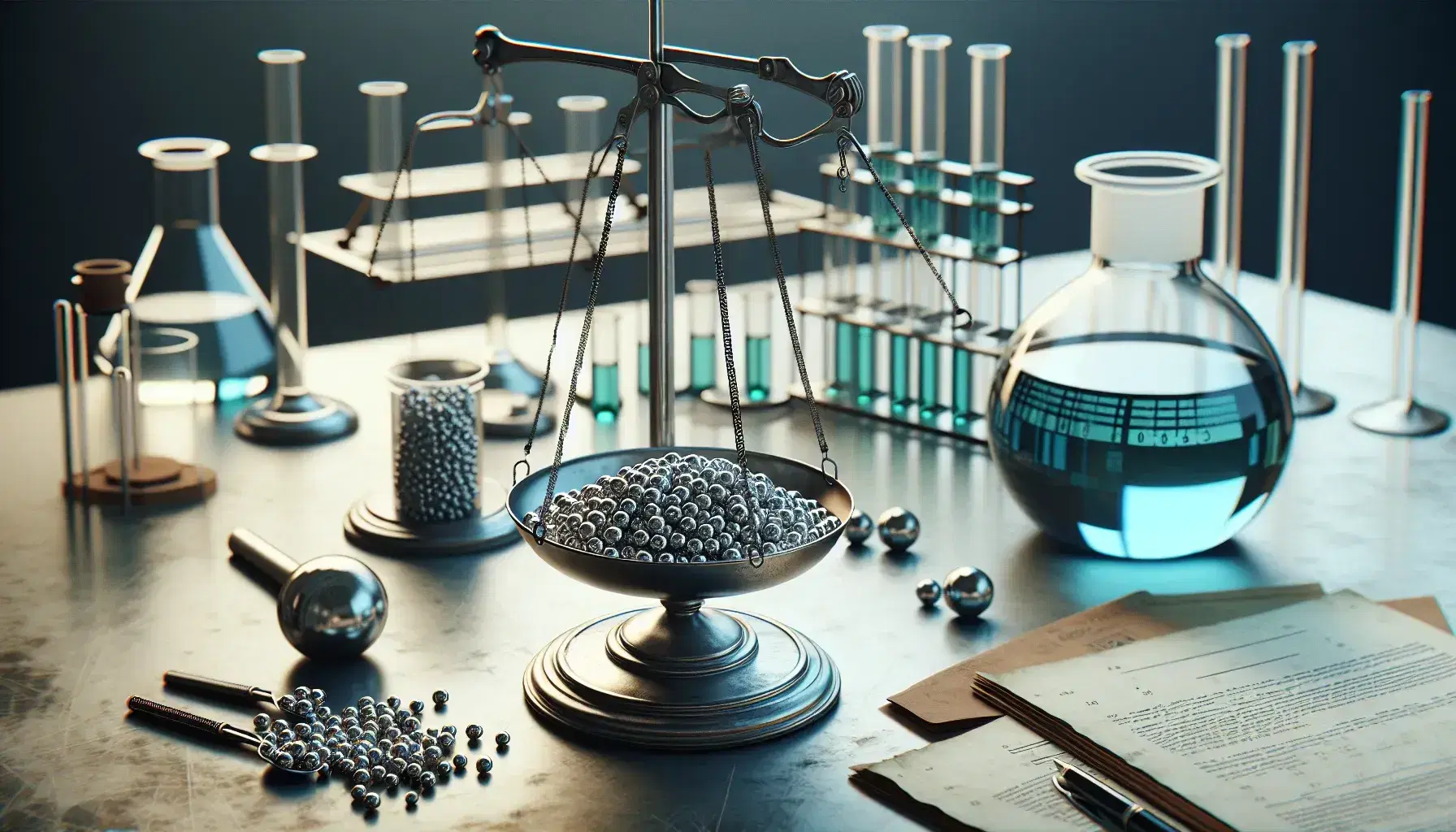 Two-plate balance balanced in laboratory, with metal balls and transparent gas container, scientific equipment and Bunsen flame in the background.
