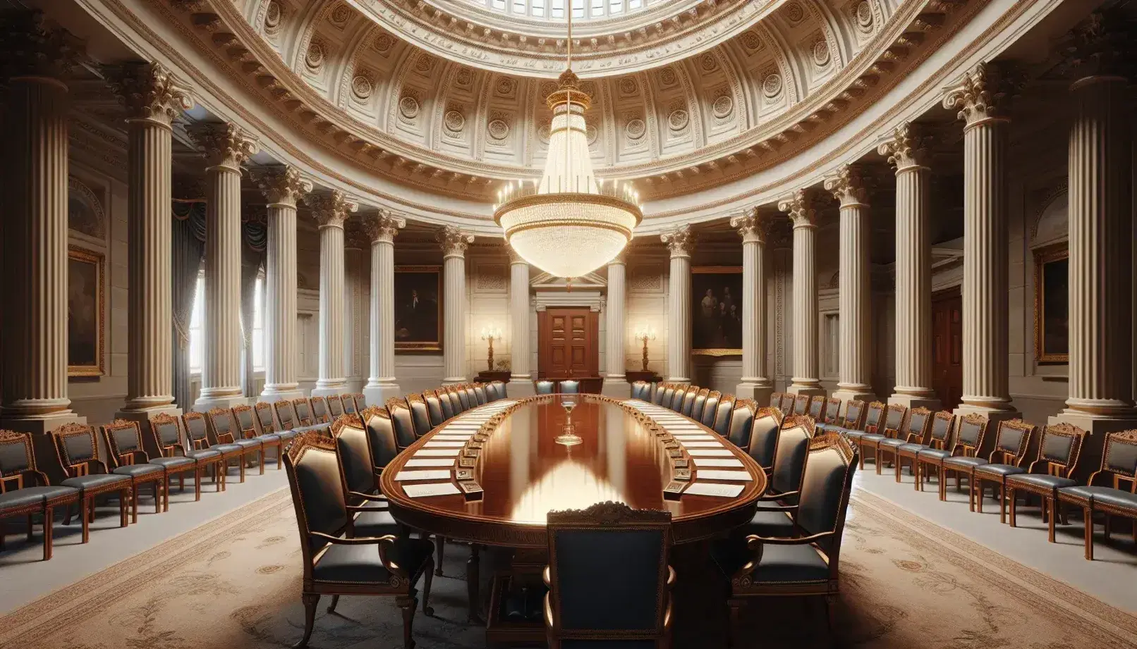 Elegant neoclassical room with Corinthian columns, an oval wooden table surrounded by high-backed blue chairs, and a crystal chandelier above.