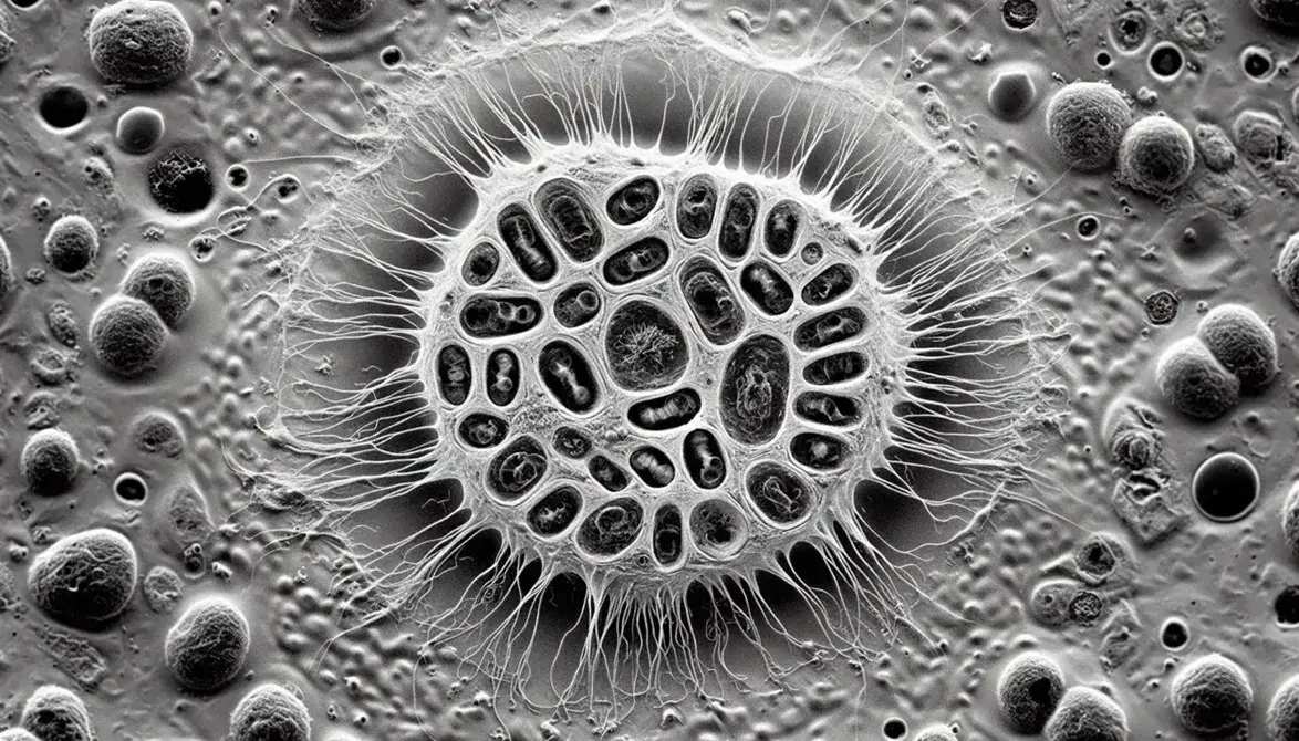 Micrografia elettronica di trasmissione che mostra una cellula in mitosi con cromosomi allineati, suggerendo la fase di metafase.