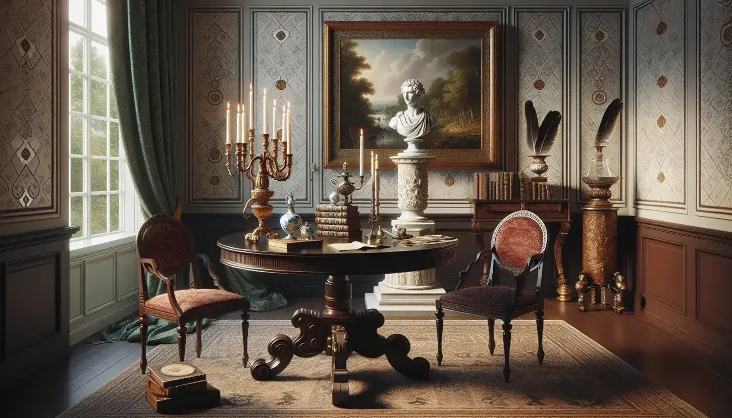 Salón neoclásico del siglo XVIII con mesa redonda de madera, candelabro de bronce, tintero de porcelana, libros encuadernados, silla ornamentada, busto de mármol y cuadro paisajístico.