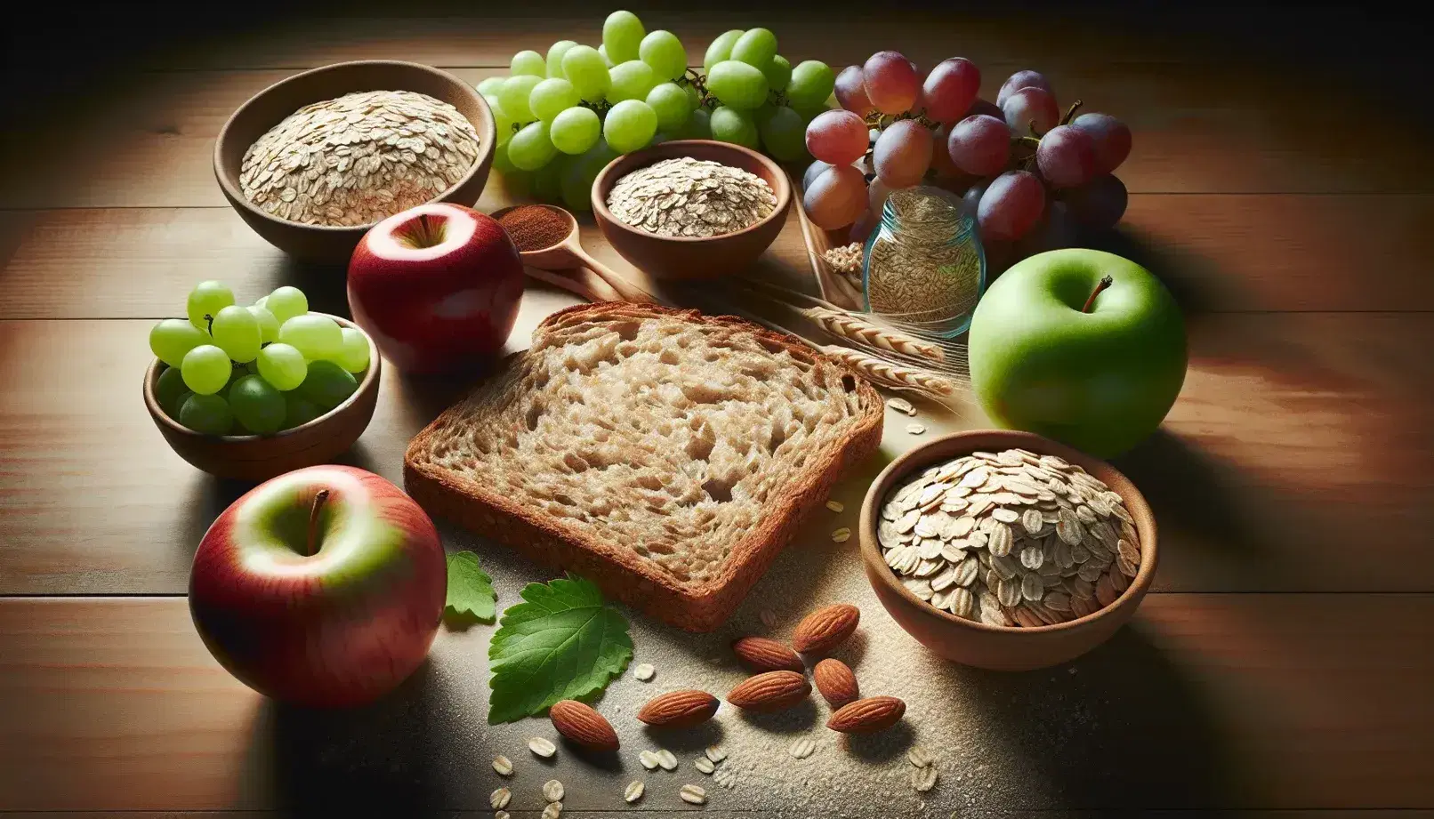Variedad de alimentos saludables sobre superficie de madera con pan integral, avena, uvas verdes, manzana roja, almendras y arroz integral, rodeados de hojas verdes.