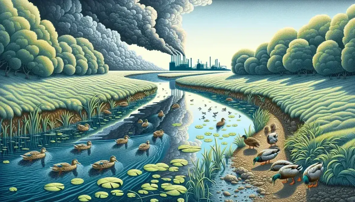 Fiume serpeggiante con rive erbose e alberi riflessi nell'acqua, anatre nuotanti in primo piano e fabbrica con fumo in lontananza.