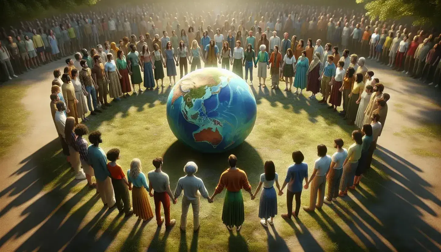 Gruppo multietnico in cerchio tenendosi per mano attorno a un globo terrestre, in un ambiente esterno illuminato dal sole.