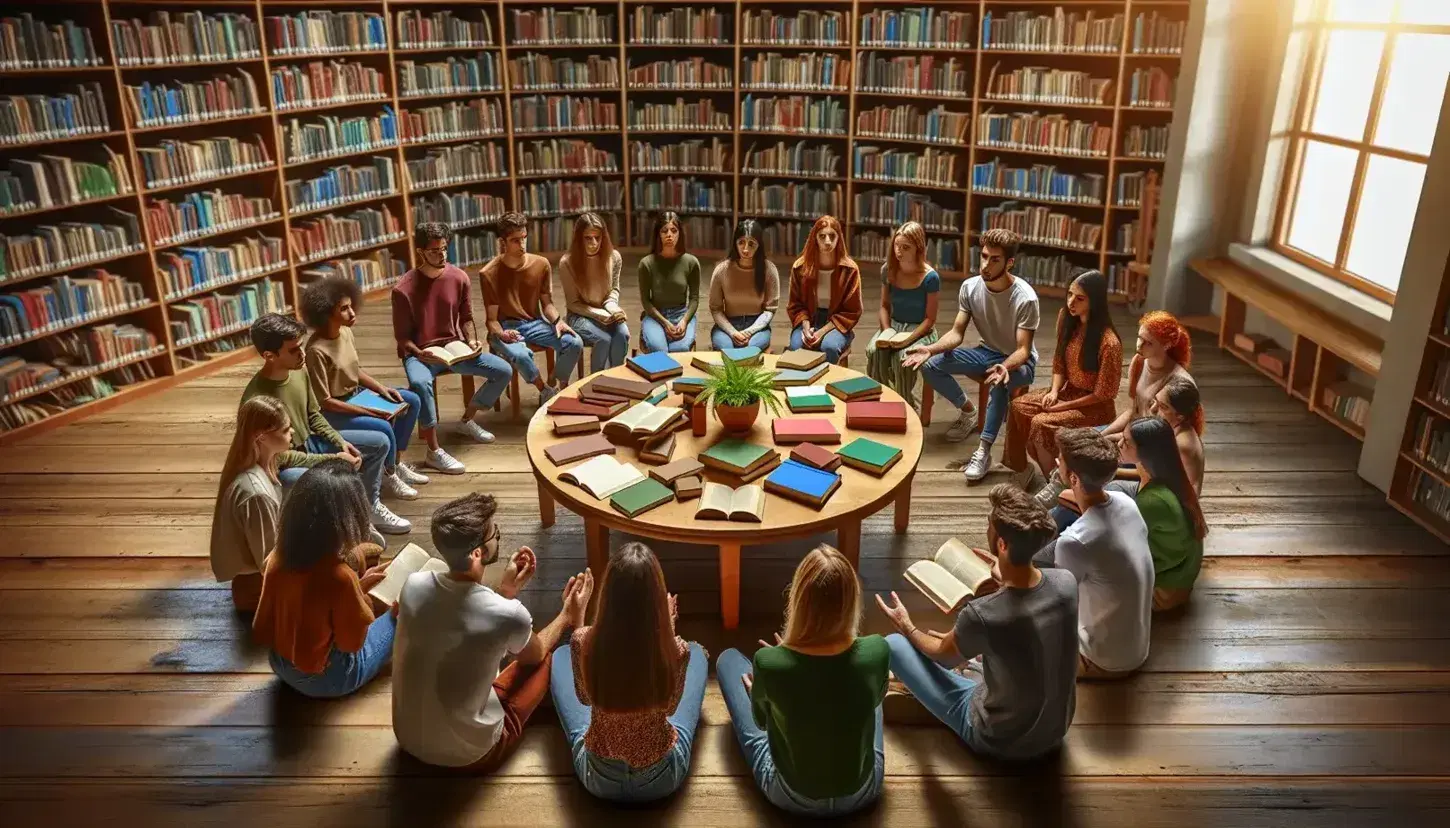 Grupo diverso de estudiantes en semicírculo en biblioteca, discutiendo sobre un libro en mesa redonda con luz natural y estantes de libros al fondo.