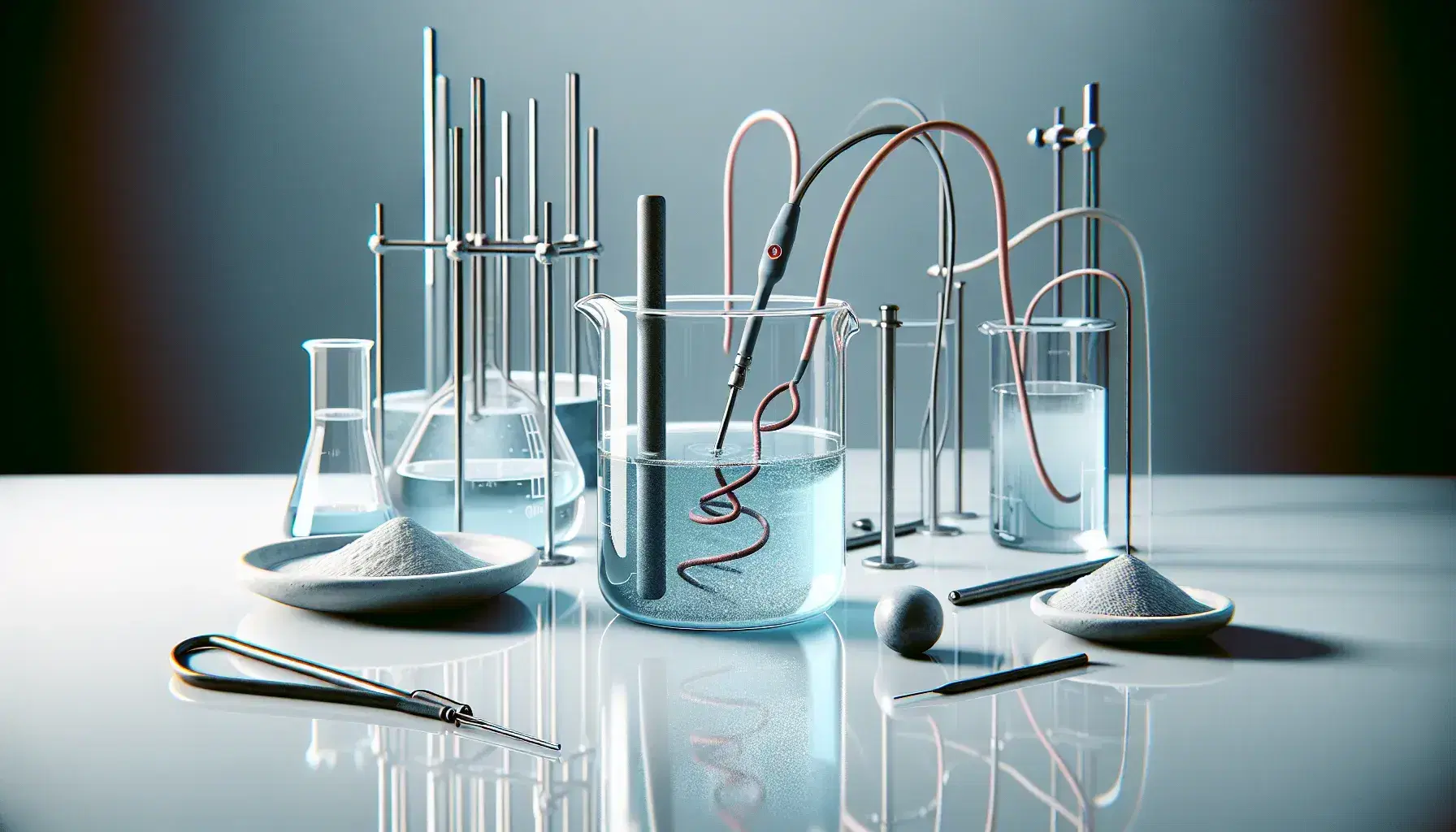 Laboratory equipment for electrochemical experiments with glass beakers, electrodes, copper wire and mortar on reflecting table.