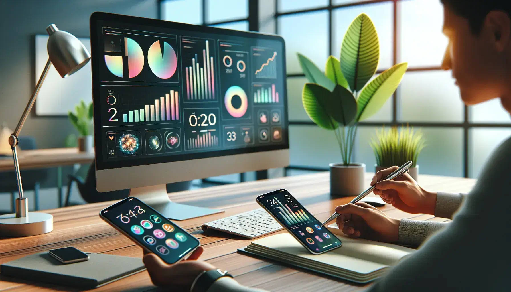 Modern workspace with a computer monitor displaying graphs, a smartphone with apps, a digital tablet with stylus, and a notebook with pen on a desk near a window.