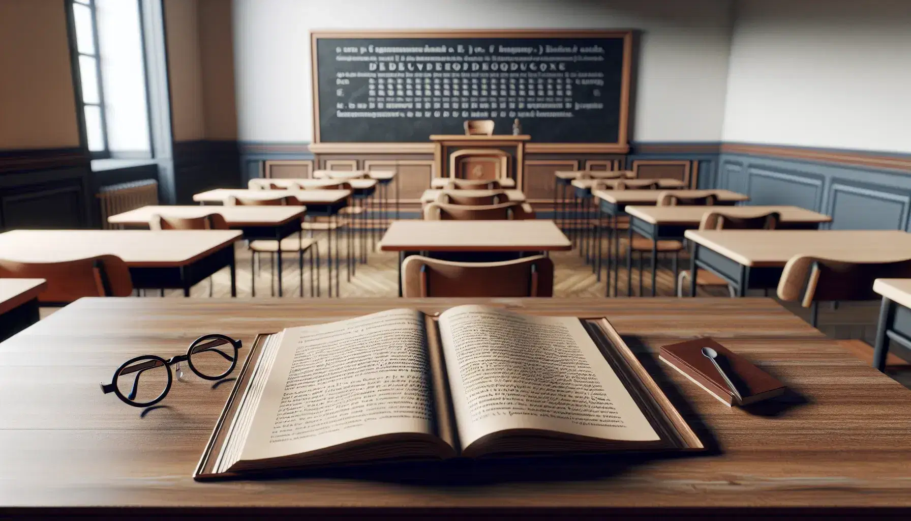 Classroom with teacher's desk, open textbook, round eyeglasses, clean chalkboard, and rows of student desks with blank notebooks, ready for a French lesson.