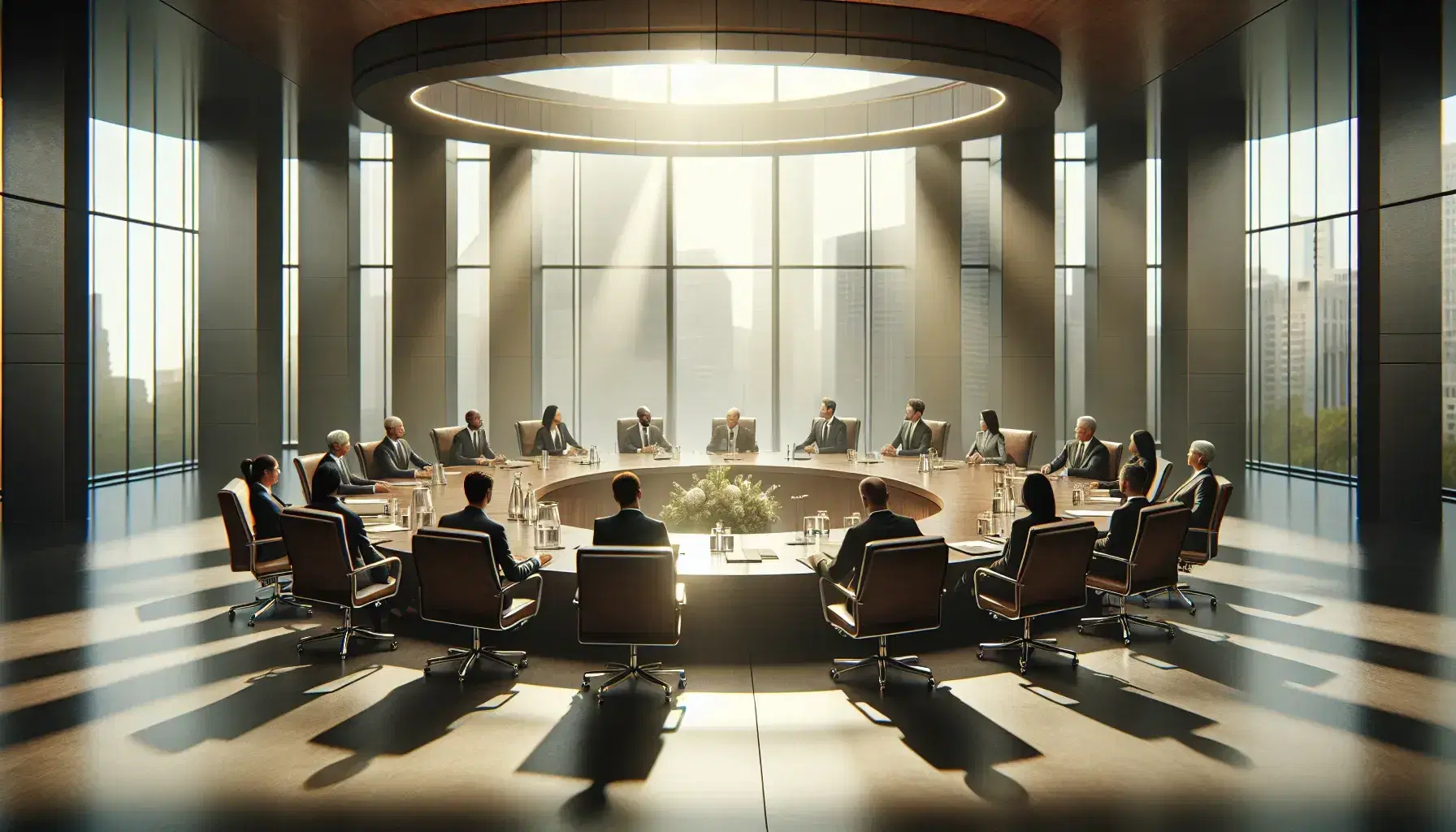 Diverse professionals in a modern conference room with a large circular table, engaged in a discussion, cityscape visible through large windows.