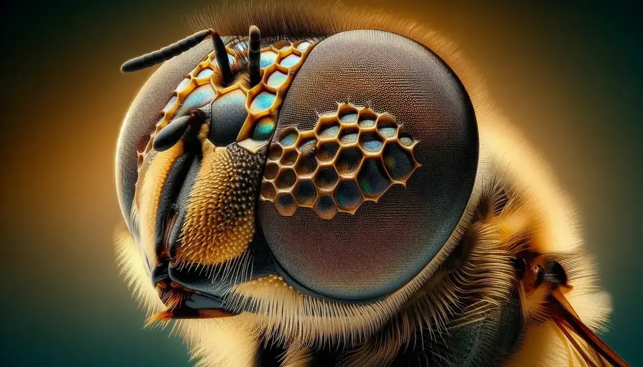 Close-up of a bee's head with multifaceted compound eyes and curved antennae, surrounded by golden hairs on a blurred background.