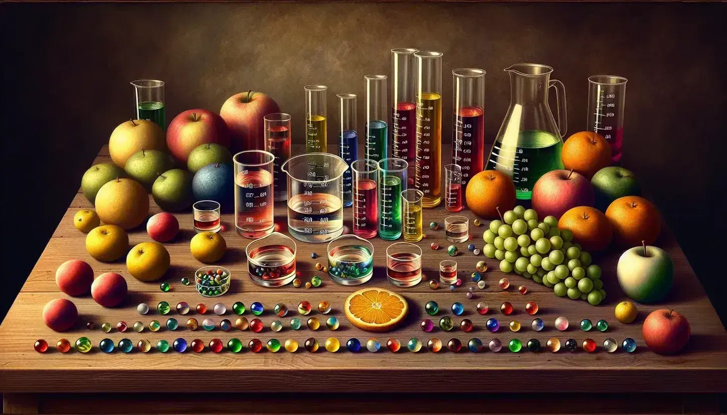 Close-up of a wooden table with colorful marbles, test tube with clear liquid and assorted fruits such as grapes, banana, orange and apple.