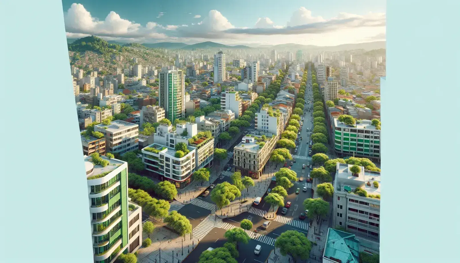 Vista panorámica diurna de Santiago de Cali con edificios de diversas alturas, áreas verdes y colinas al fondo bajo un cielo azul con nubes dispersas.