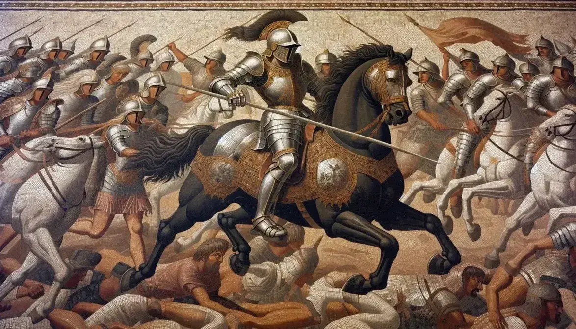 Mosaico antico raffigurante scena di battaglia con cavaliere in armatura su cavallo baio e soldati armati su sfondo cielo azzurro.