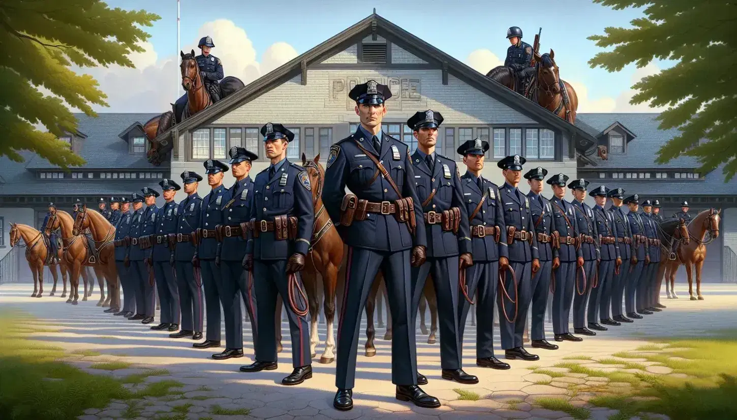 Agenti di polizia in uniforme blu scuro con striscia rossa e cappelli rigidi in formazione davanti a una stazione, con pattuglia a cavallo sul lato.