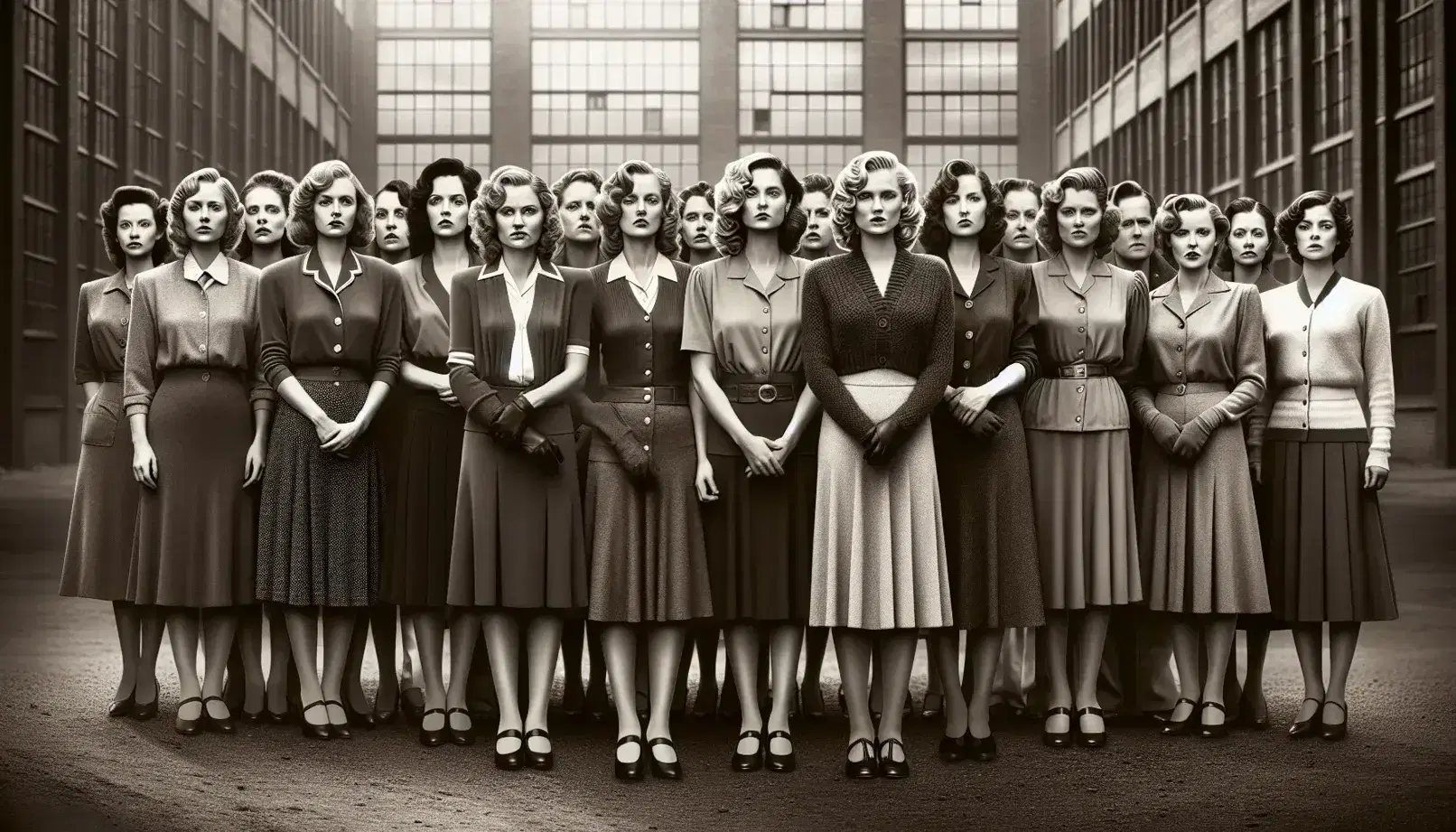 1930s women in skirts, blouses, and hats stand before an industrial brick building, exuding a mix of determination and hope in a vintage group photo.