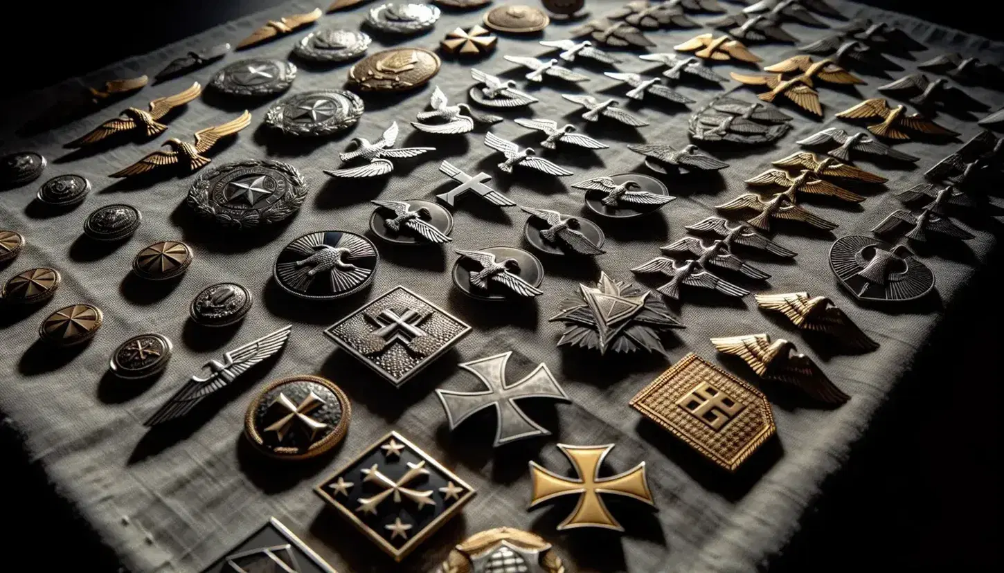 Insignias militares metálicas con águilas y cruces sobre tela gris, destacando detalles en relieve y juego de luces y sombras.