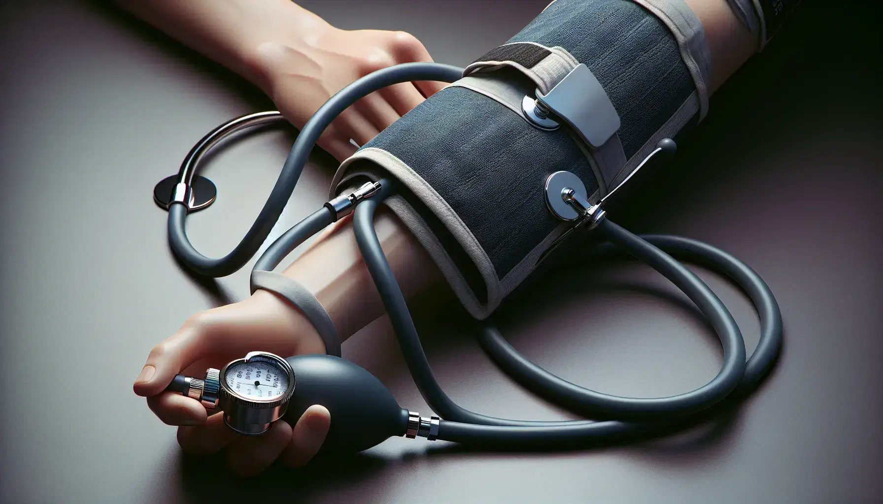 Blood pressure measurement with sphygmomanometer wrapped on arm and stethoscope placed on elbow, in blurred clinical environment.