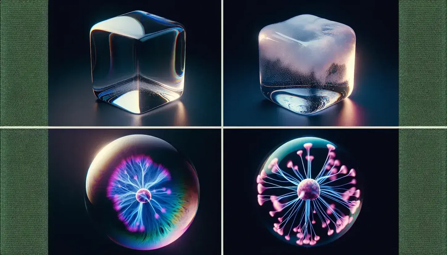 Quattro pannelli illustrano gli stati della materia: cubo di ghiaccio trasparente, bicchiere d'acqua, bolla di sapone iridescente e sfera di plasma colorata.