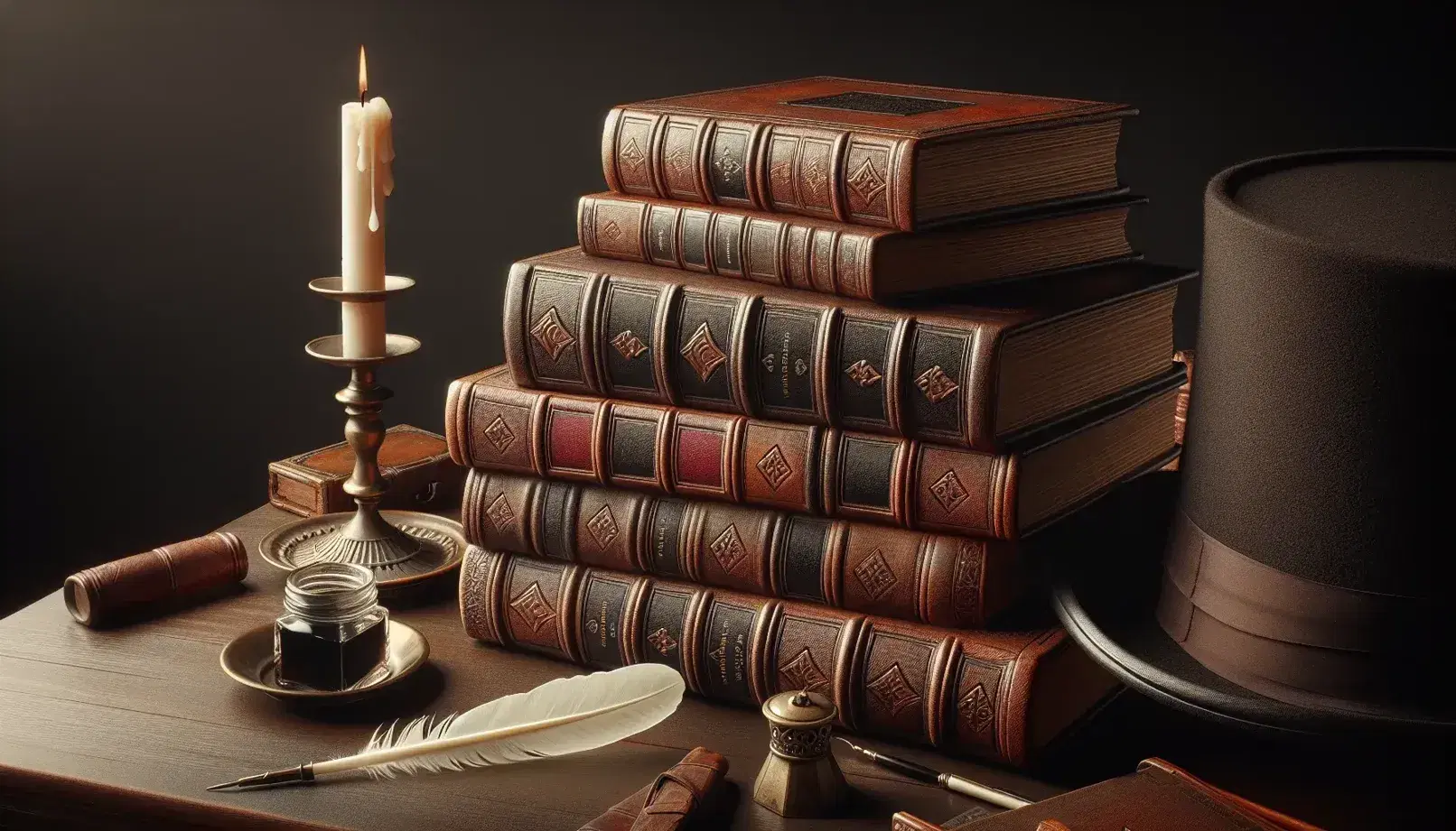 Scrivania in legno con libri antichi impilati, calamaio con penna d'oca, candela semisciolta e statuetta vittoriana, sfondo con stampa d'epoca.