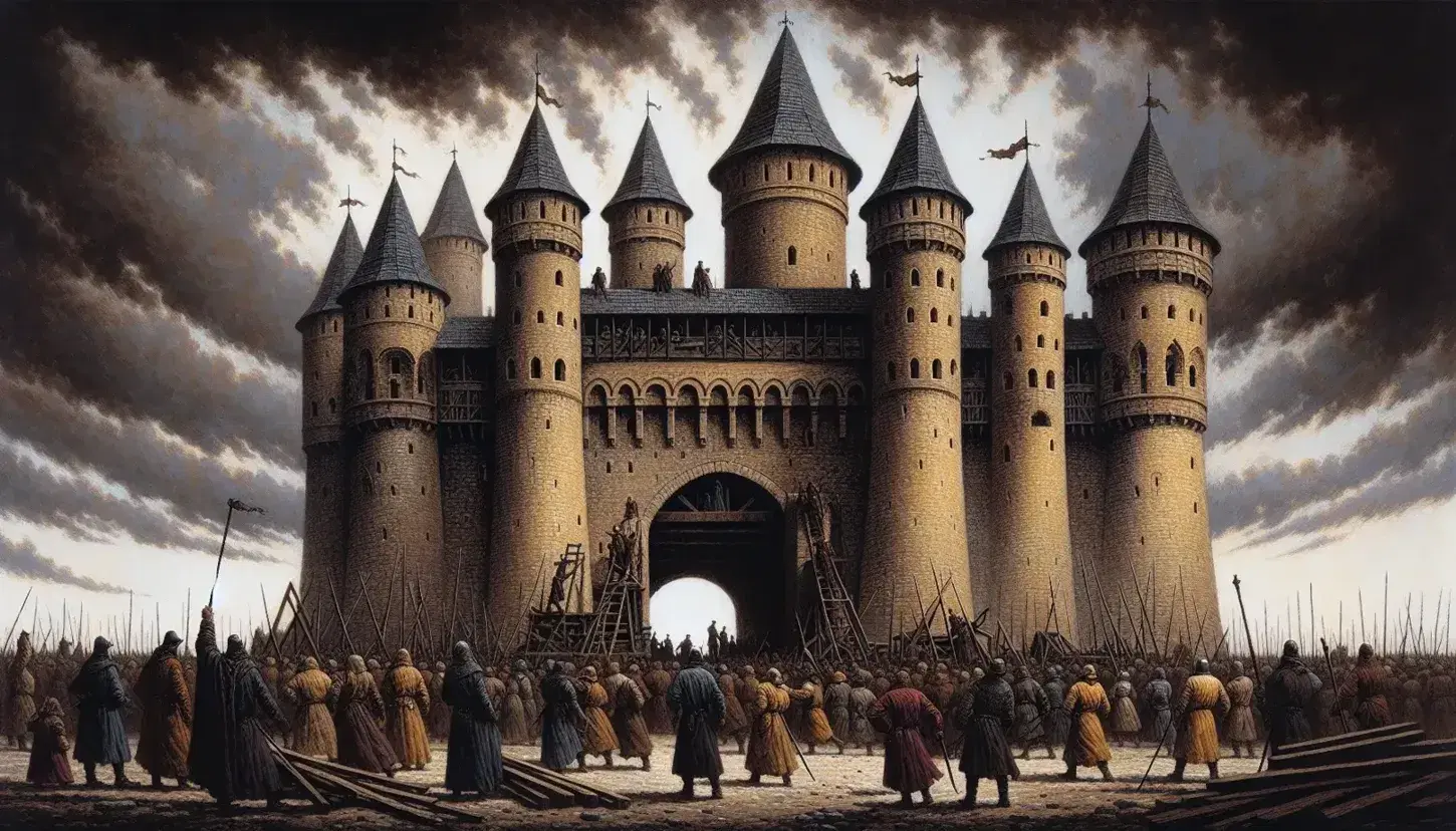 Medieval stone fortress with eight towers and a drawbridge under stormy skies, besieged by a crowd with primitive weapons and ladders.