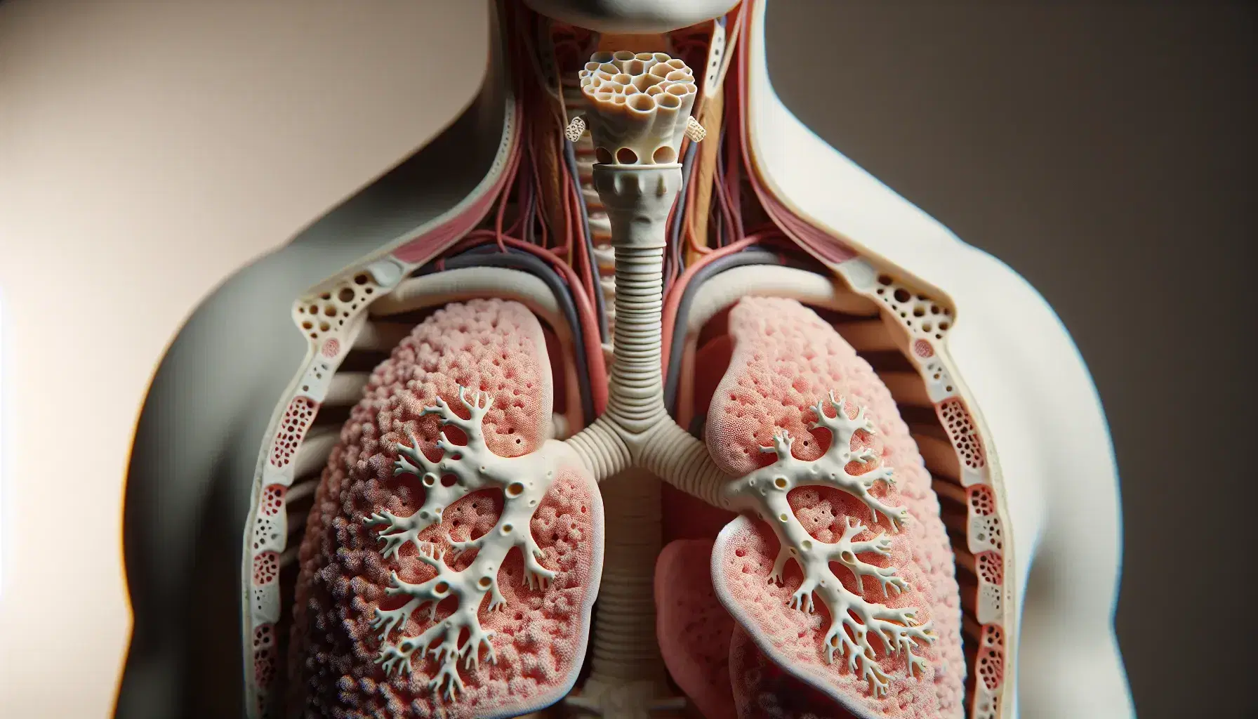 Modelo anatómico detallado del sistema respiratorio humano mostrando pulmones, tráquea y laringe en fondo neutro.
