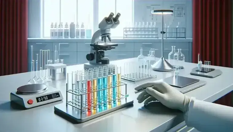 Laboratorio scientifico illuminato con tavolo di lavoro, provette colorate, microscopio, bilancia digitale e mano con pipetta.