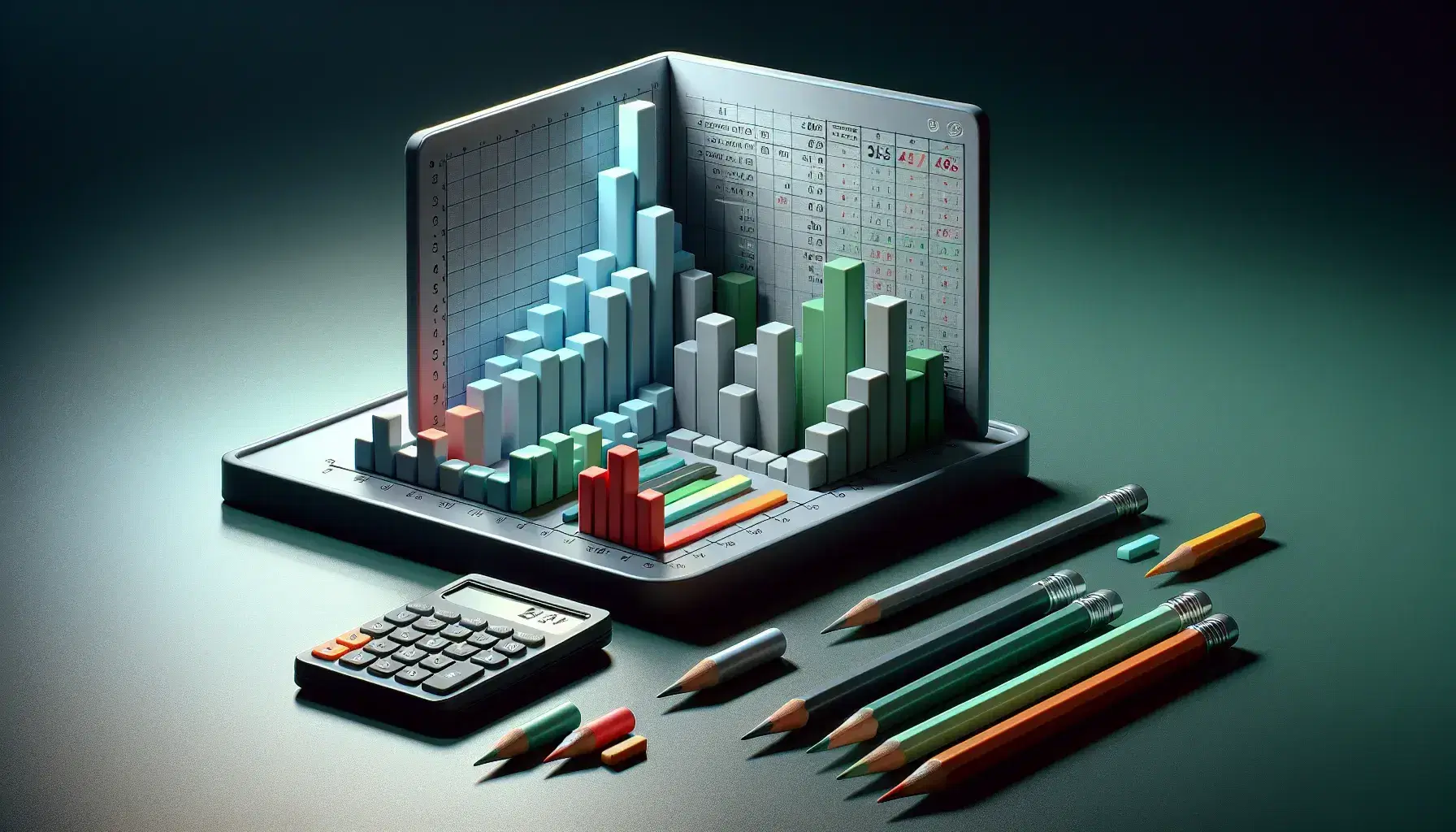 Gráficos de barras 3D en tonos azul claro, verde y rojo sin etiquetas, calculadora científica gris y lápices de colores ordenados por tonalidades.