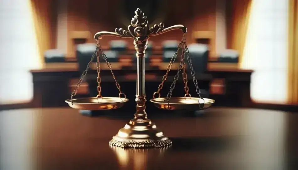 Polished brass scales of justice on dark wooden surface, balanced and empty, with blurred background of courtroom without people.