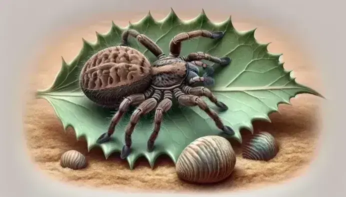Female goblin spider on green leaf, 'mermaid's purse' shark egg on sandy background, lizard, Komodo dragon and bee in blurred background.