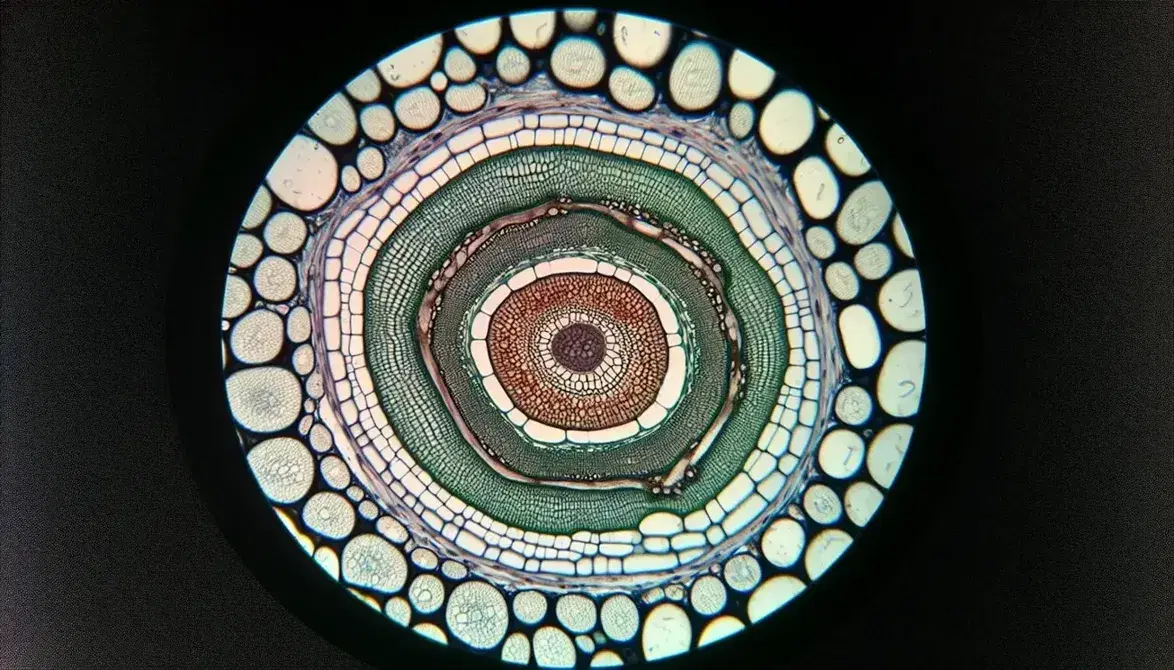Corte transversal microscópico de tallo de planta mostrando cilindro vascular central, parénquima, tejido fundamental y epidermis lisa.
