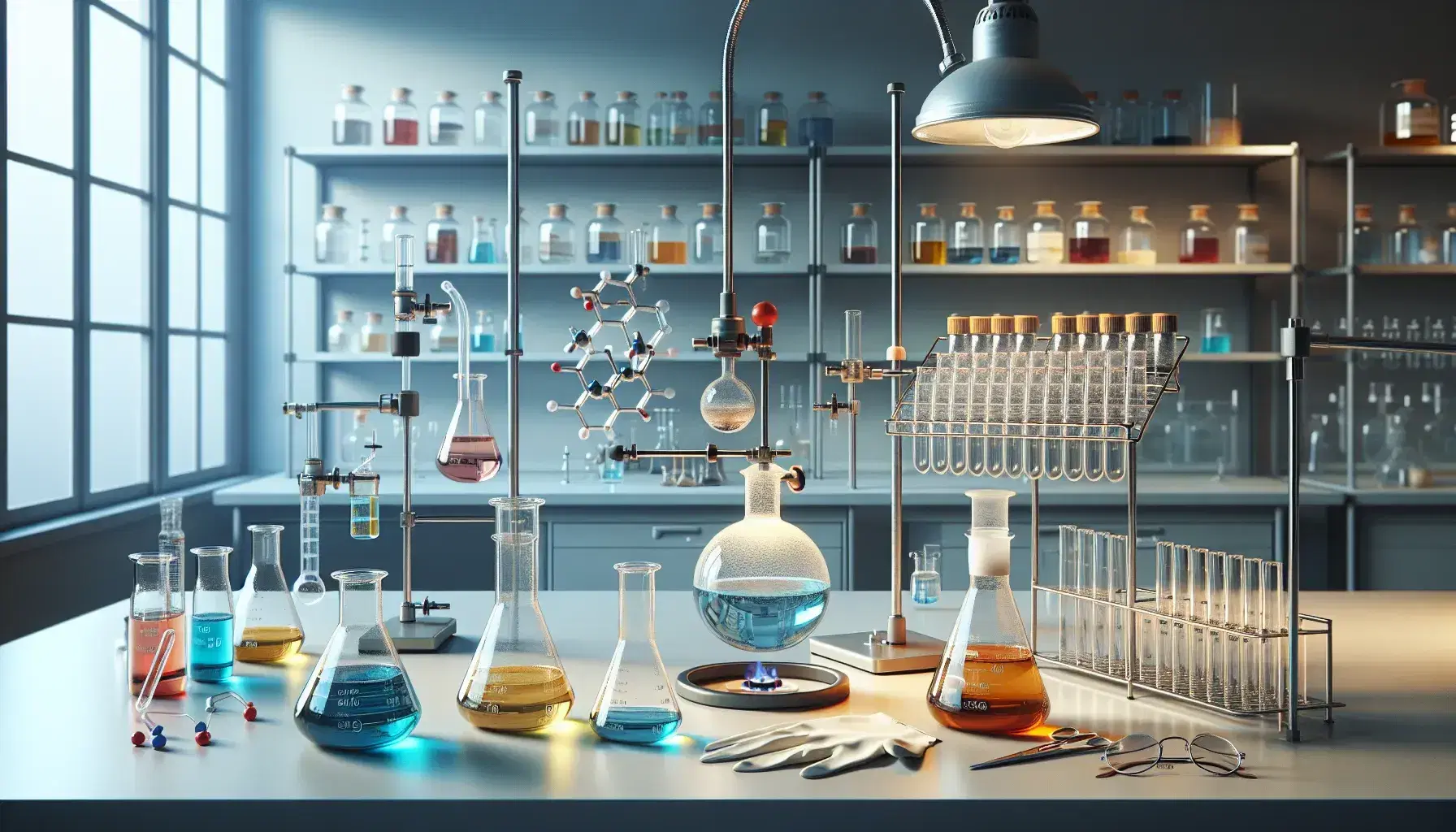 Laboratorio de química con matraces Erlenmeyer de líquidos coloridos, embudo de separación, quemador Bunsen y estantes con frascos y equipo de seguridad.
