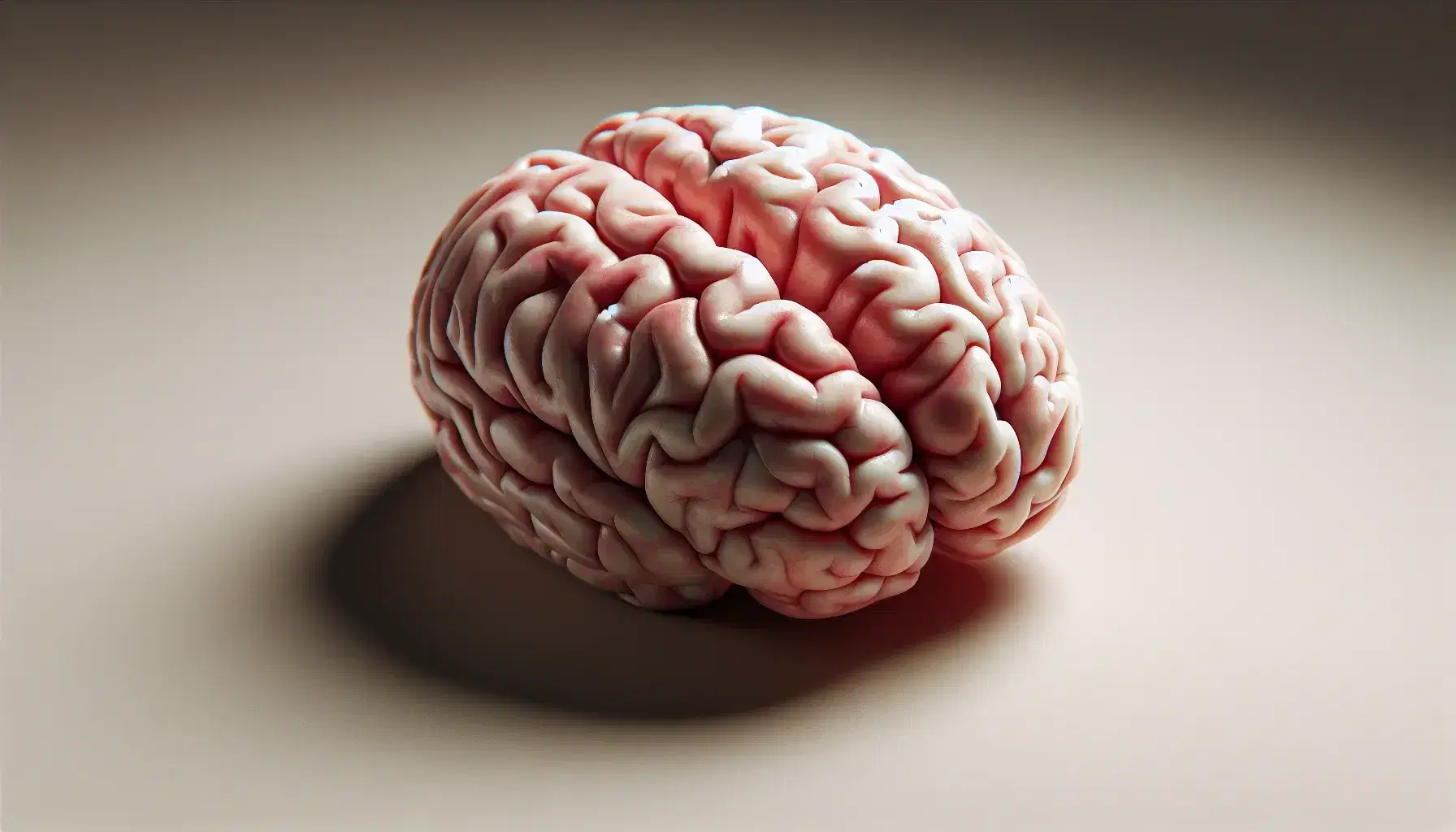 Vista superior de un cerebro humano detallado y realista mostrando hemisferios, fisura longitudinal y textura de la corteza cerebral en superficie neutra.