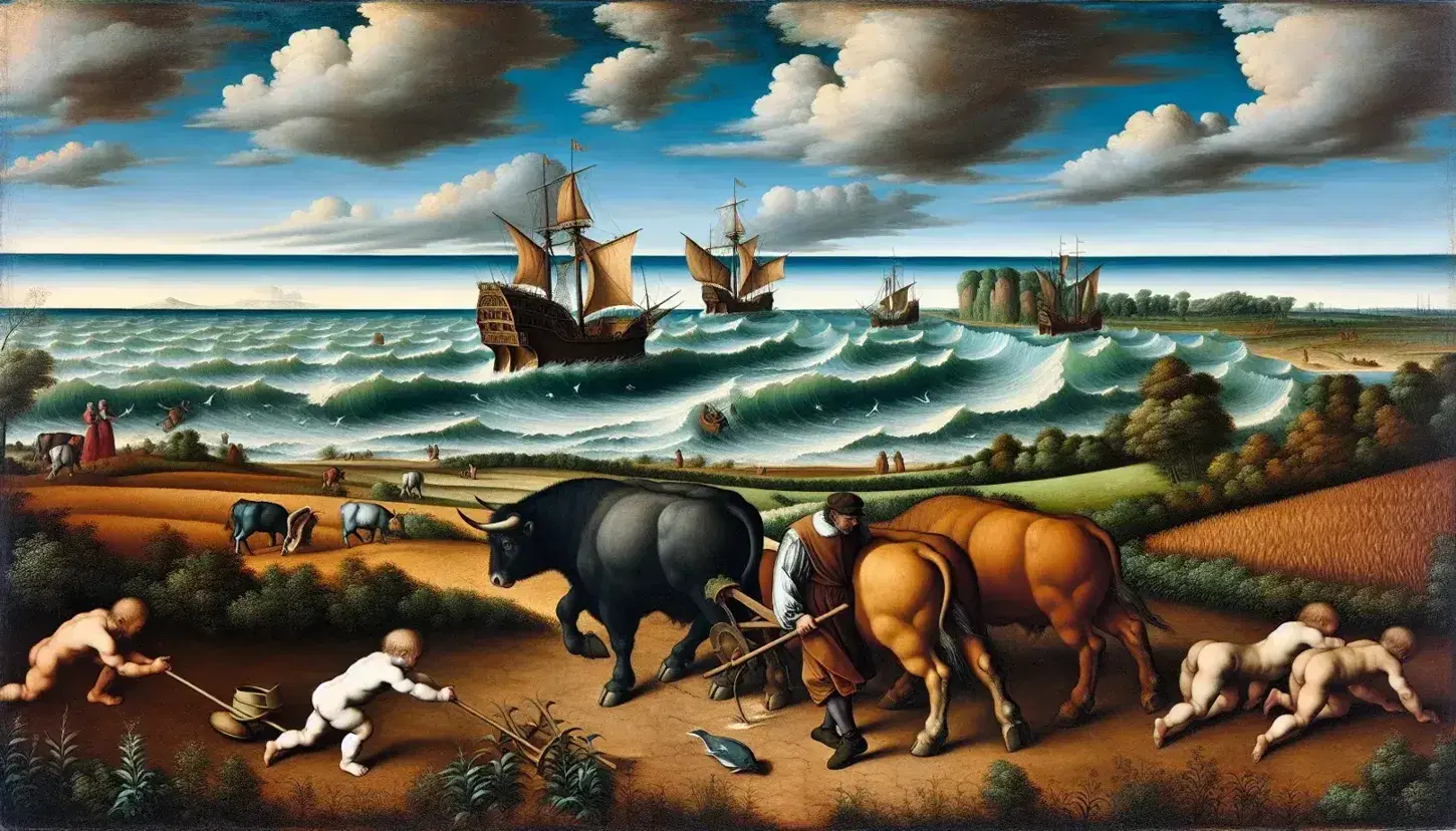 Early Renaissance landscape painting depicting a plowman with oxen in a field, a ship on a vibrant sea, and subtle hints of a figure struggling in the water under a midday sky.