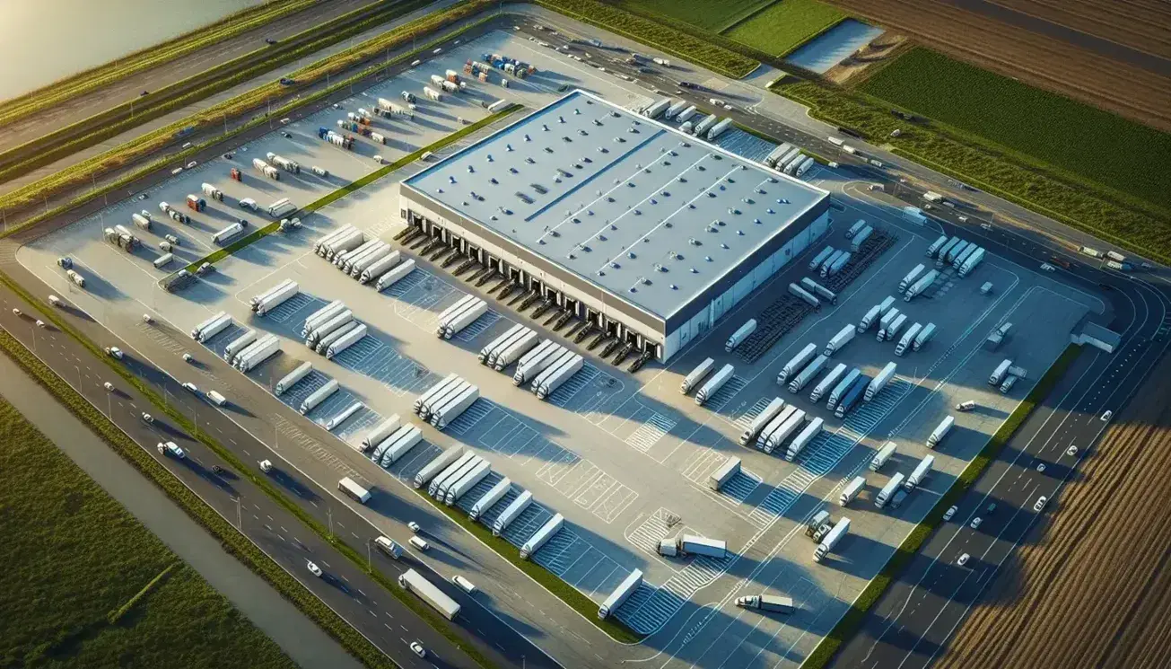 Vista aérea de centro de distribución logístico con camiones en plataformas de carga, almacén central, vehículos en estacionamiento y áreas verdes.