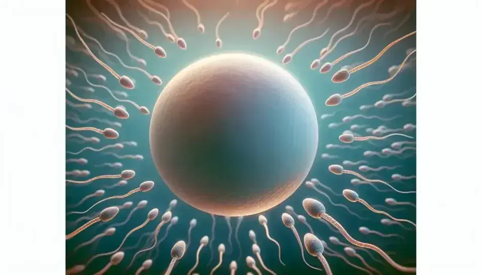 Óvulo humano rodeado de espermatozoides en proceso de fecundación, destacando la gran esfera central y las colas curvadas de los espermatozoides en un fondo azul gradiente.