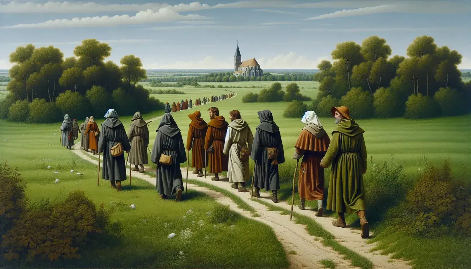 Gruppo di pellegrini medievali in cammino su sentiero campestre verso chiesa in lontananza, vestiti semplici, bastoni da viaggio e natura verde.