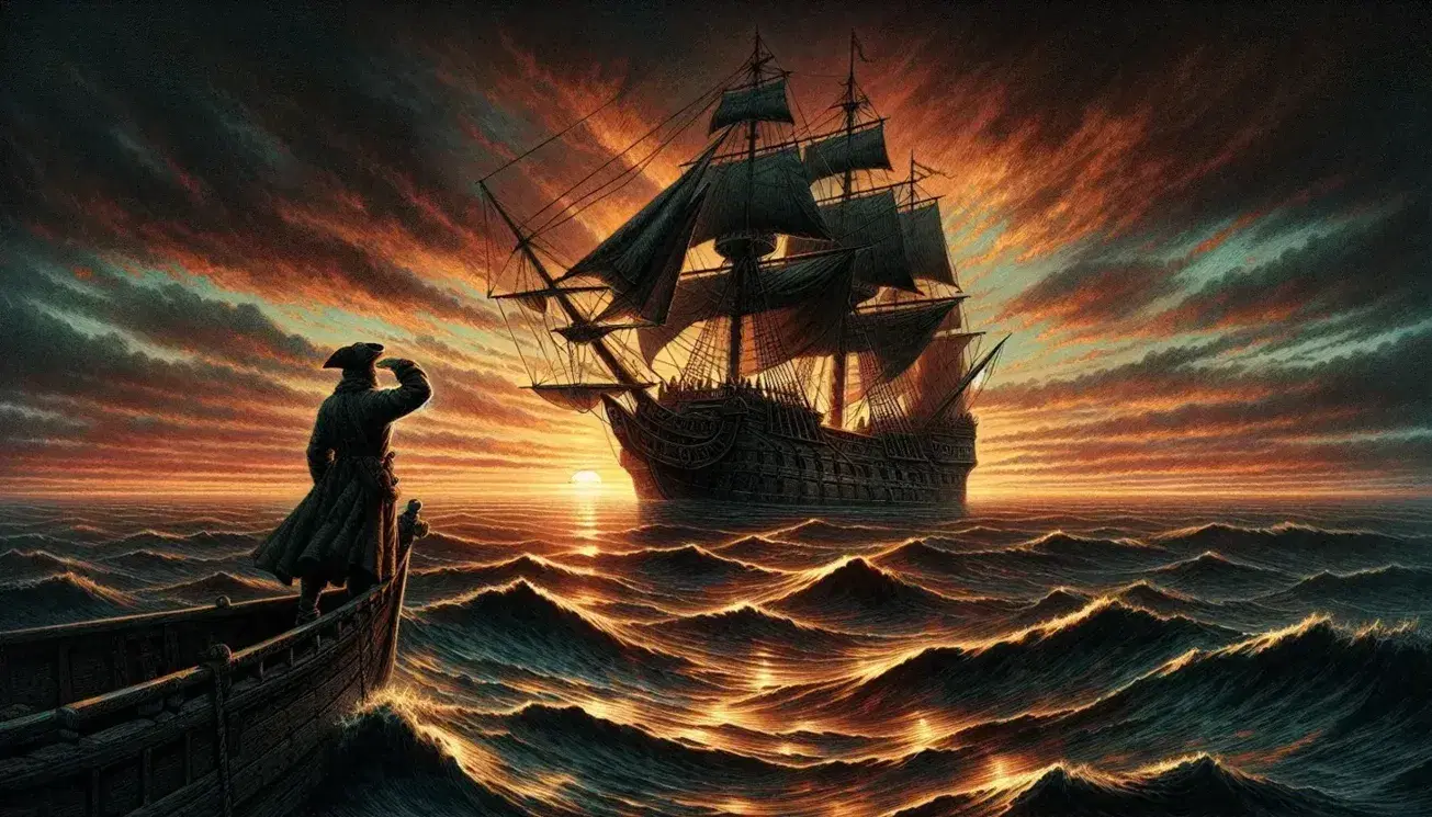 Vele spiegate di un antico veliero navigano verso l'orizzonte al tramonto, con riflessi dorati sul mare mosso e una figura umana al timone.