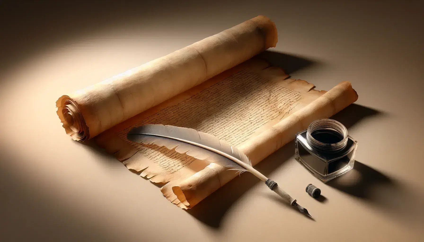 Pergamena antica parzialmente srotolata con bordi ingialliti accanto a calamaio di vetro e penna d'oca immersa nell'inchiostro, evocando scrittura manuale storica.