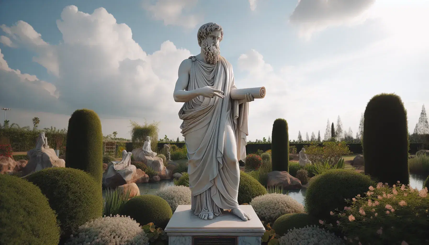 Estatua de mármol blanco de filósofo griego con barba y túnica, sosteniendo un rollo de papiro y con la mano derecha extendida, en jardín con plantas y flores bajo cielo azul.