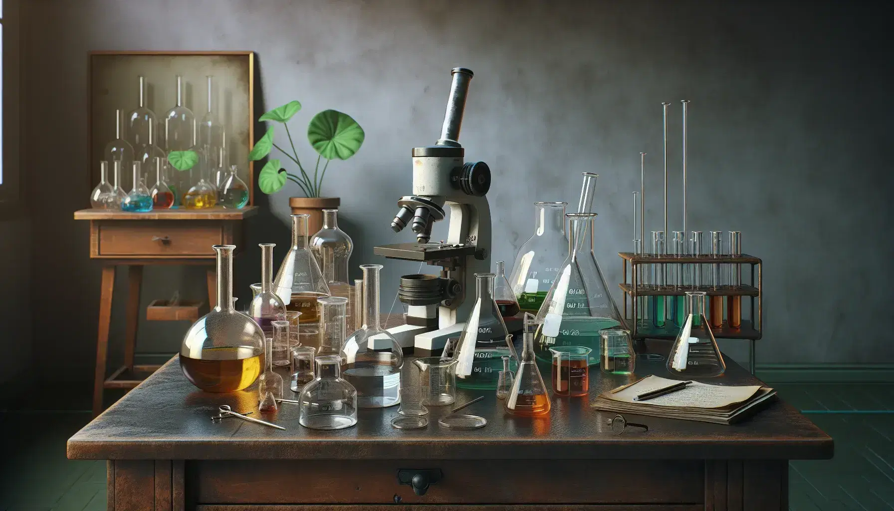 Messy laboratory with wooden table, test tubes full of colored liquids, microscope, green plant and hanging lab coat.