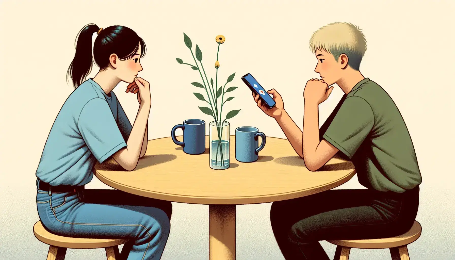 Dos personas sentadas frente a frente con una mesa redonda de madera clara entre ellas, una mostrando su smartphone a la otra, con dos tazas y un jarrón con flores sobre la mesa.