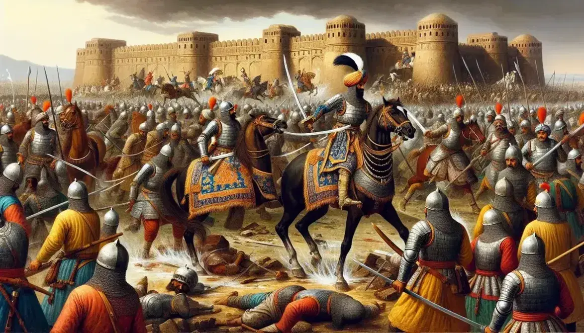 Panoramic view of a Mughal-Rajput battlefield with warriors in traditional armor, a commanding officer on horseback, and Chanderi fort ruins under a clear sky.